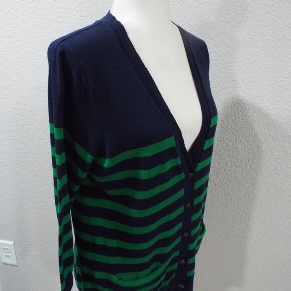 Gap Women's Navy/ Kelly Green 3/4 Sleeve Striped V-Neck Button Up Cardigan Med - Picture 3 of 9